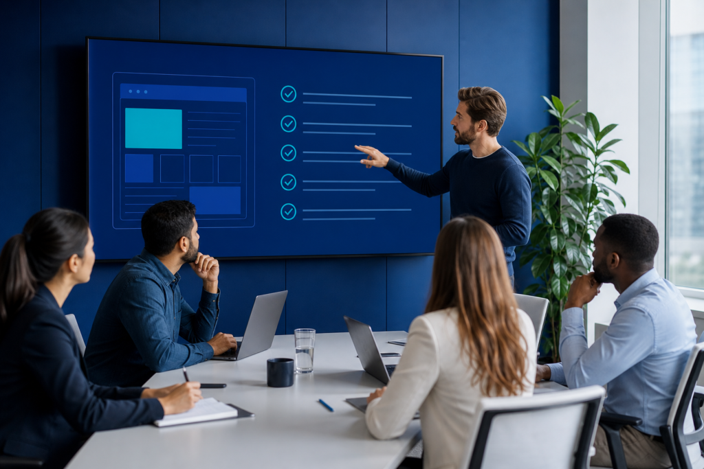 Enterprise team reviewing a custom web development checklist in a meeting room