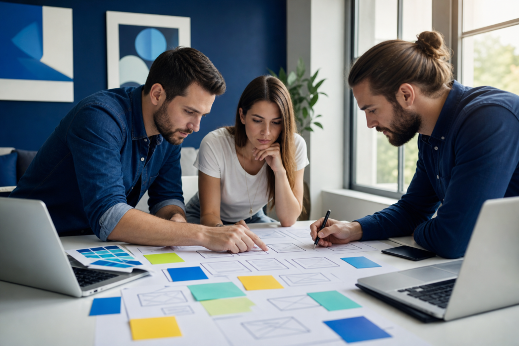 Startup team planning a custom web development checklist in a modern workspace