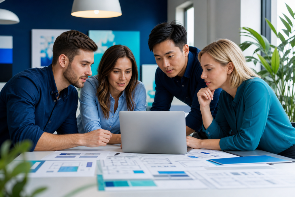 Startup team planning custom web development costs and website scope