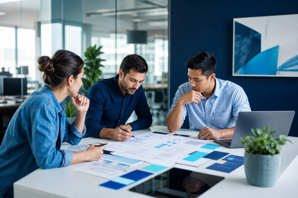 Startup team planning custom web development strategy in a modern workspace