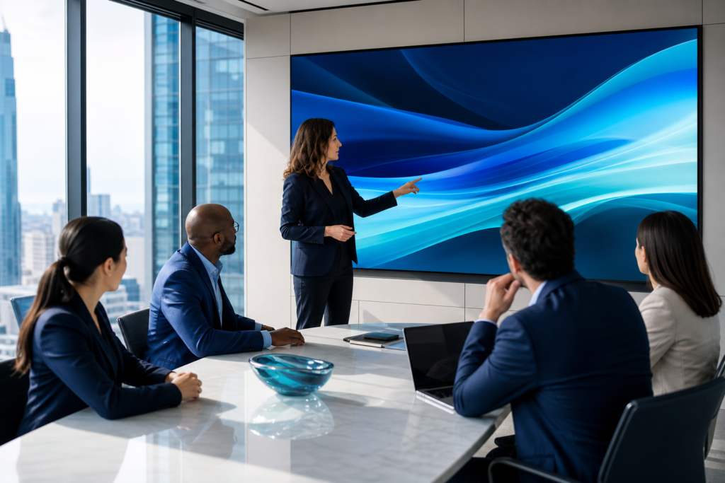 Enterprise team reviewing a custom web development project strategy in a modern conference room