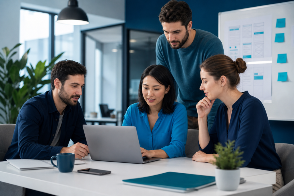 Startup team planning a custom web development project in a modern workspace