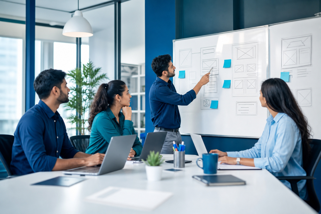 Startup team discussing custom web development strategy in a modern office