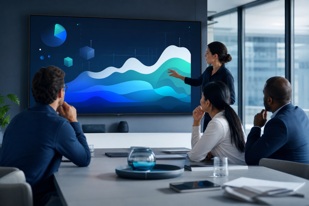 Enterprise team reviewing custom web development strategy in a modern office