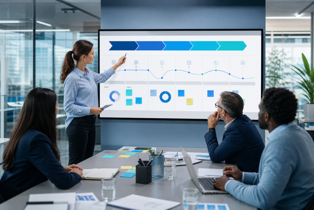 Business team reviewing a customer journey map to improve conversions
