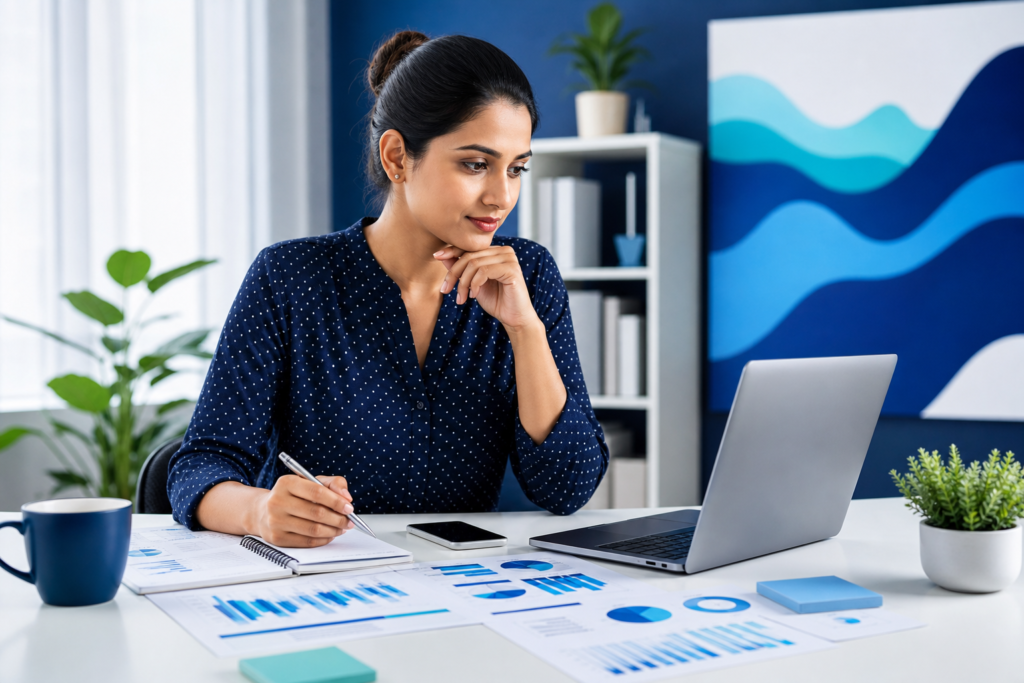 Small business owner planning digital marketing strategies in a modern workspace