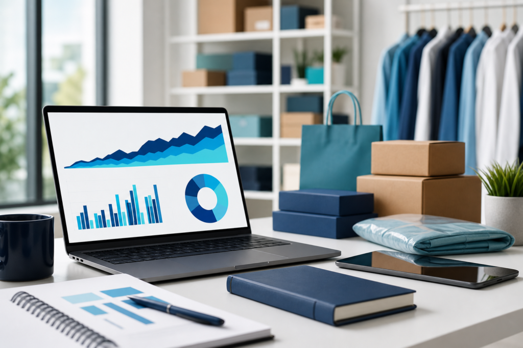 Professional ecommerce analytics workspace with charts and retail planning materials