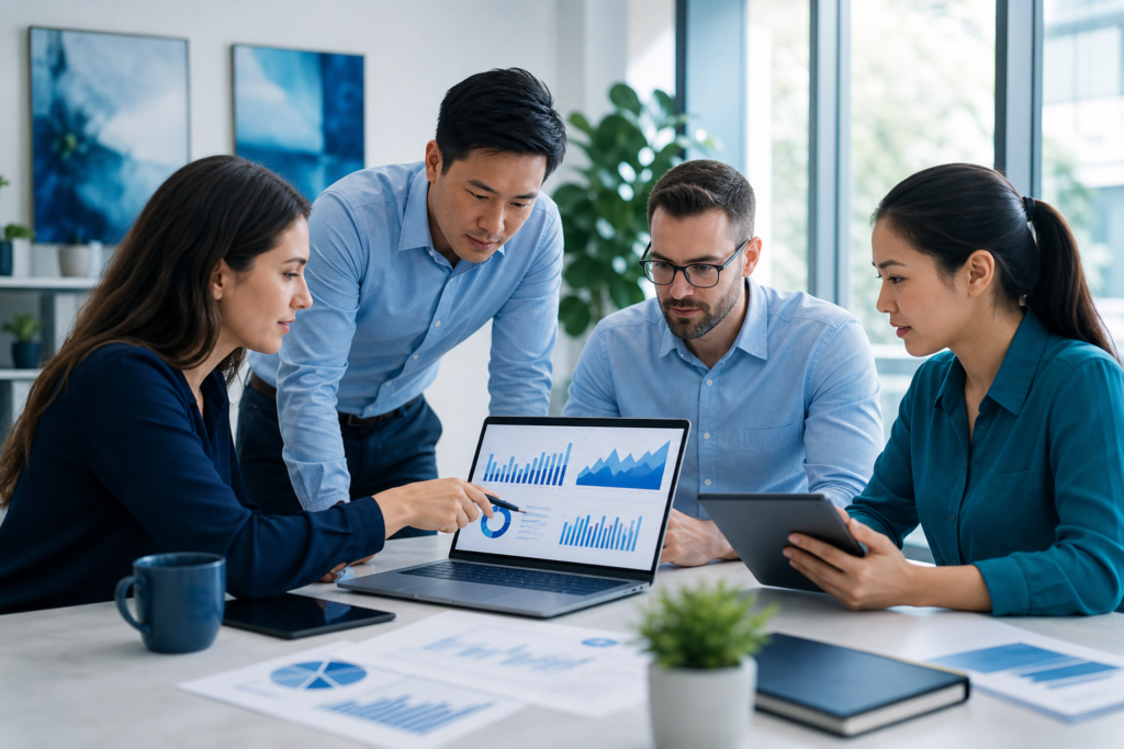 A team reviewing e-commerce analytics dashboards in a modern office