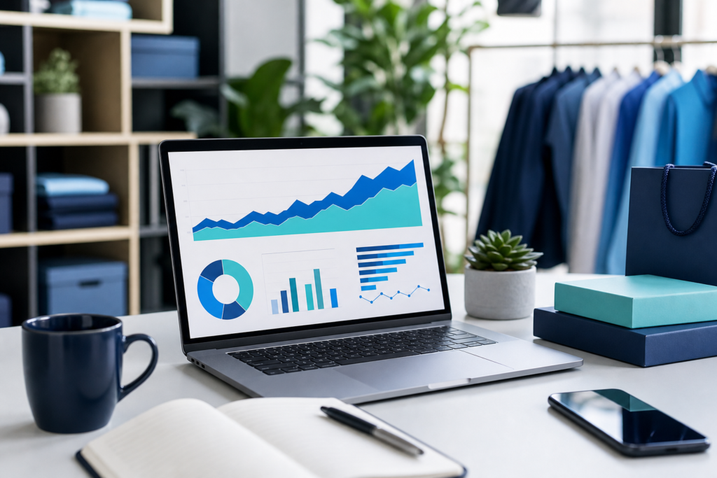 Professional e-commerce analytics workspace with charts and retail elements