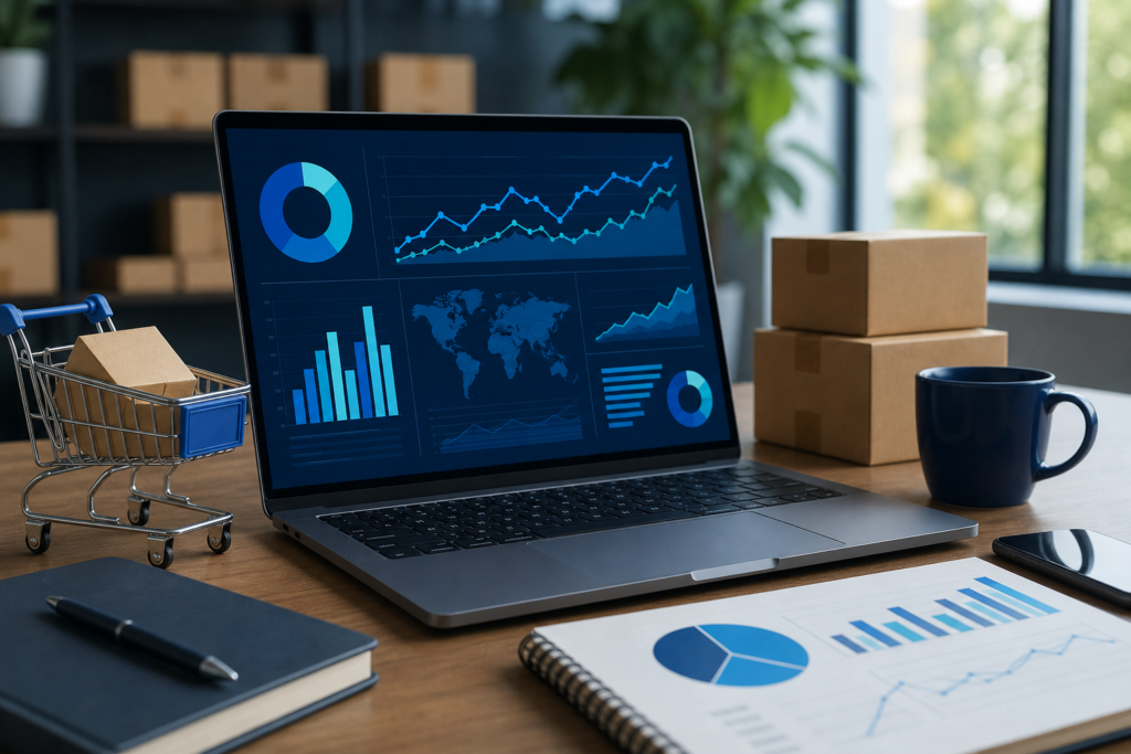 Online retail analytics workspace with charts and planning materials