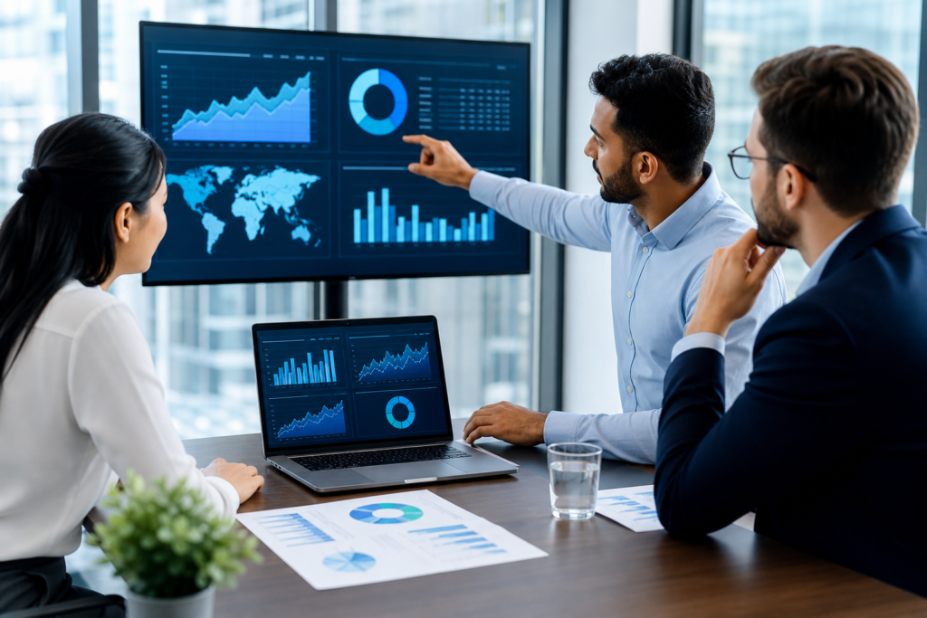 Business team reviewing e-commerce analytics dashboards in a modern office