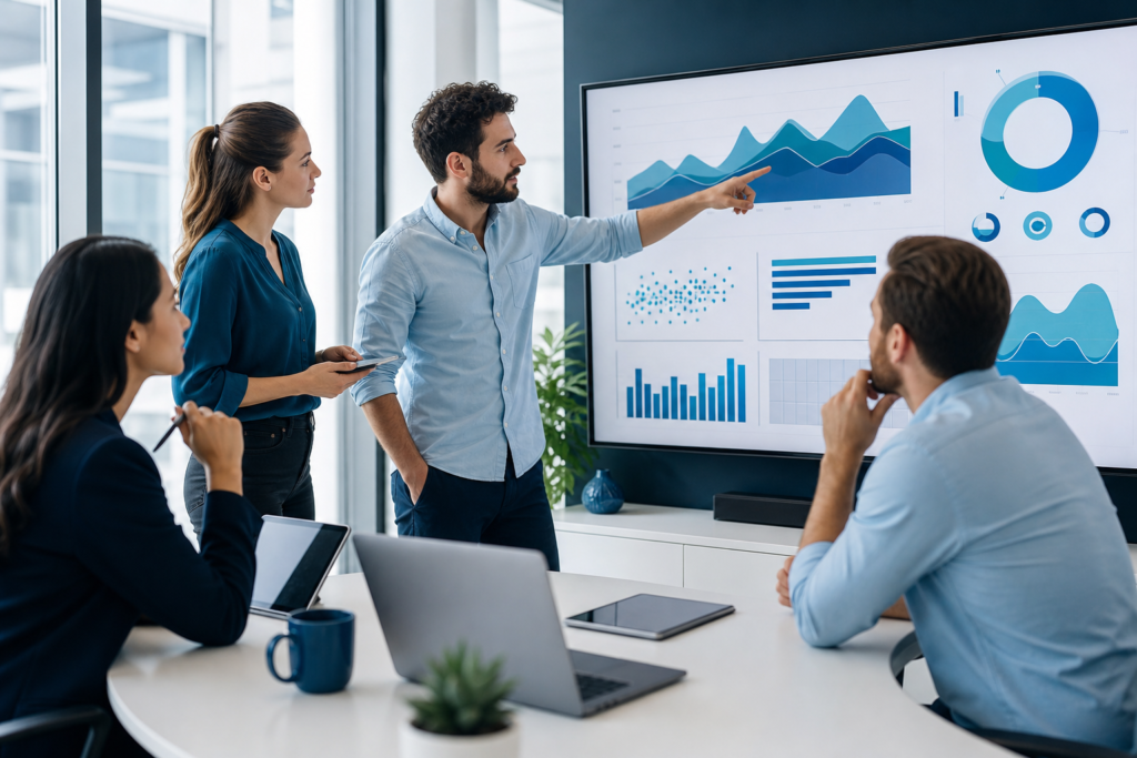 Team reviewing e-commerce analytics dashboards in a modern workspace