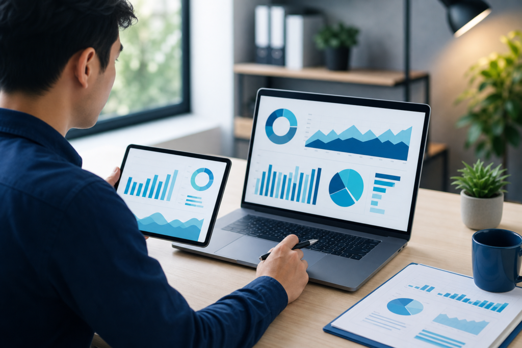 Online retailer reviewing e-commerce analytics on a laptop in a modern workspace