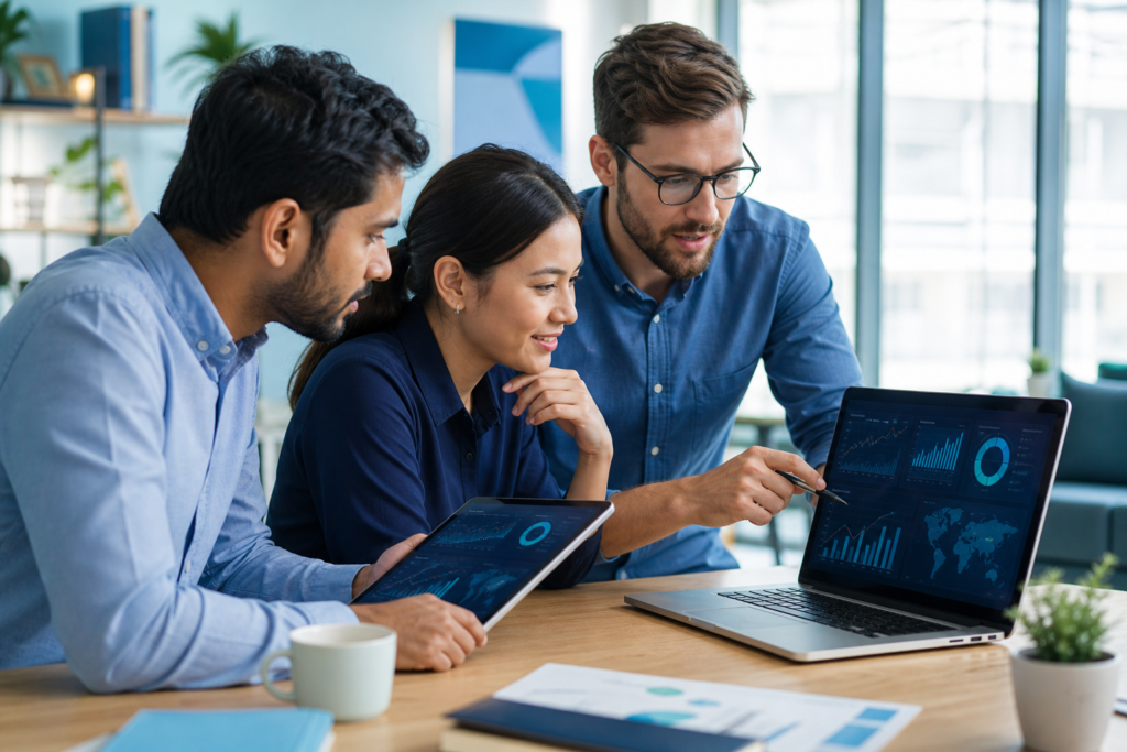 Team reviewing e-commerce analytics dashboards in a modern workspace