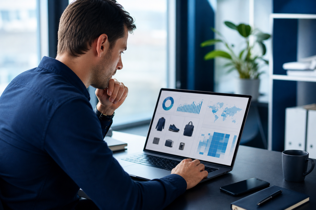 Online retailer reviewing e-commerce analytics in a modern office
