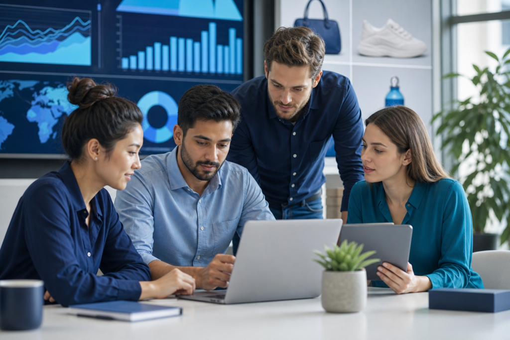Team reviewing e-commerce analytics to grow faster in a modern office