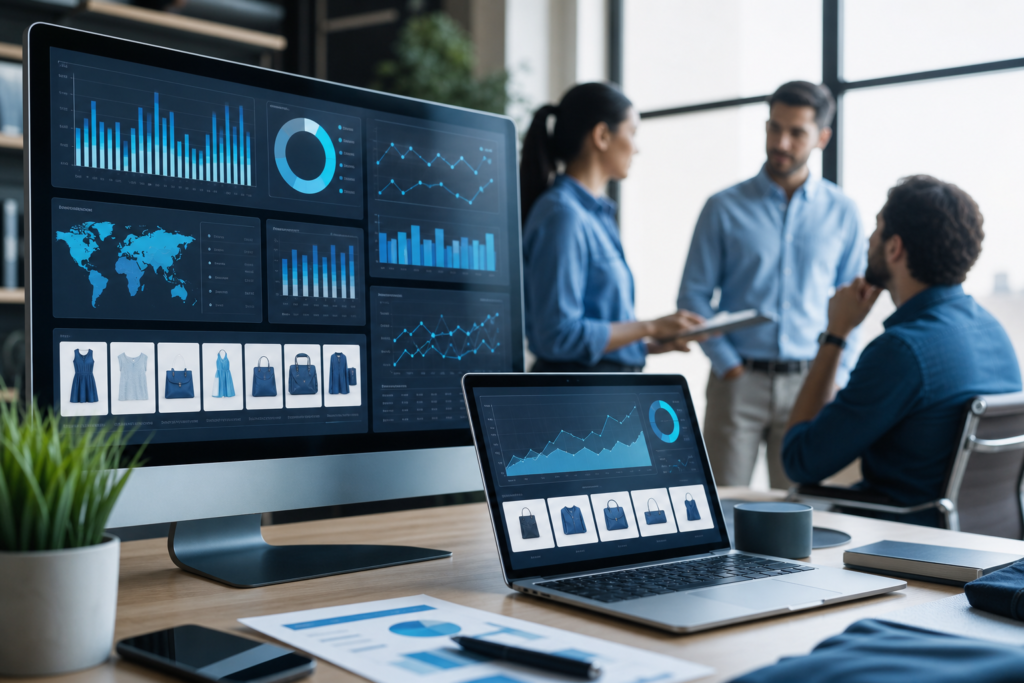 Online retail analytics team reviewing dashboard trends