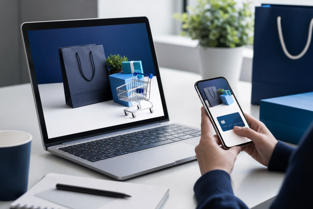 Editorial image of a modern e-commerce checkout experience on laptop and smartphone