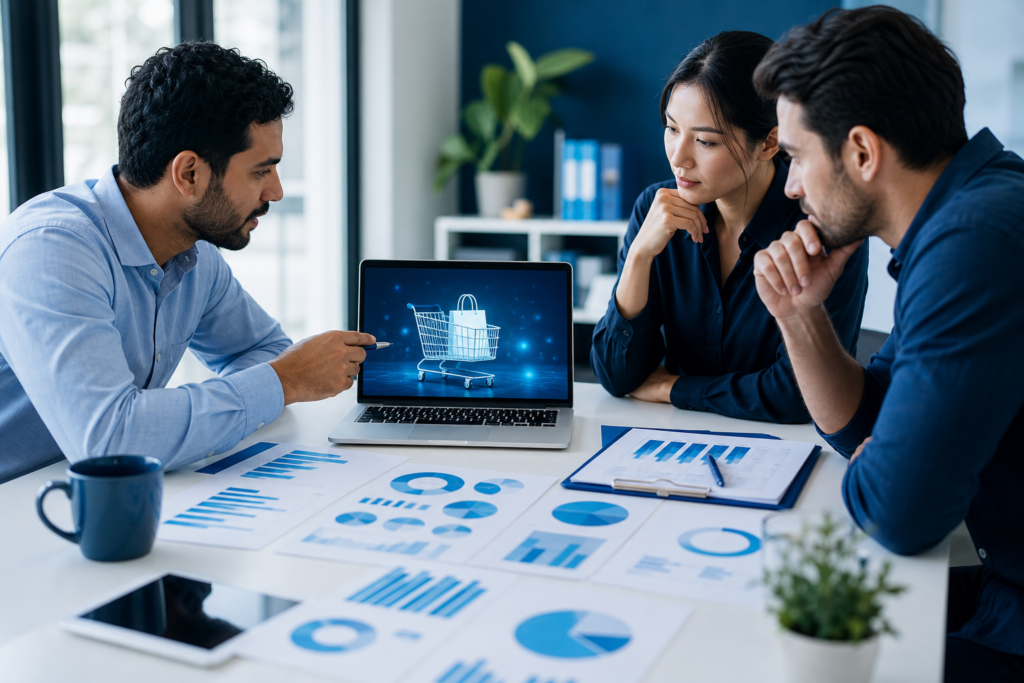 Business team reviewing e-commerce checkout optimization planning on a laptop