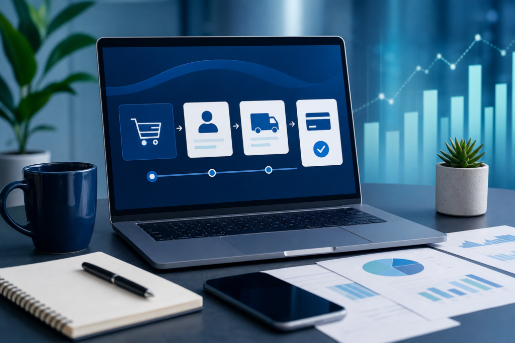 Professional editorial image of an e-commerce checkout optimization planning workspace