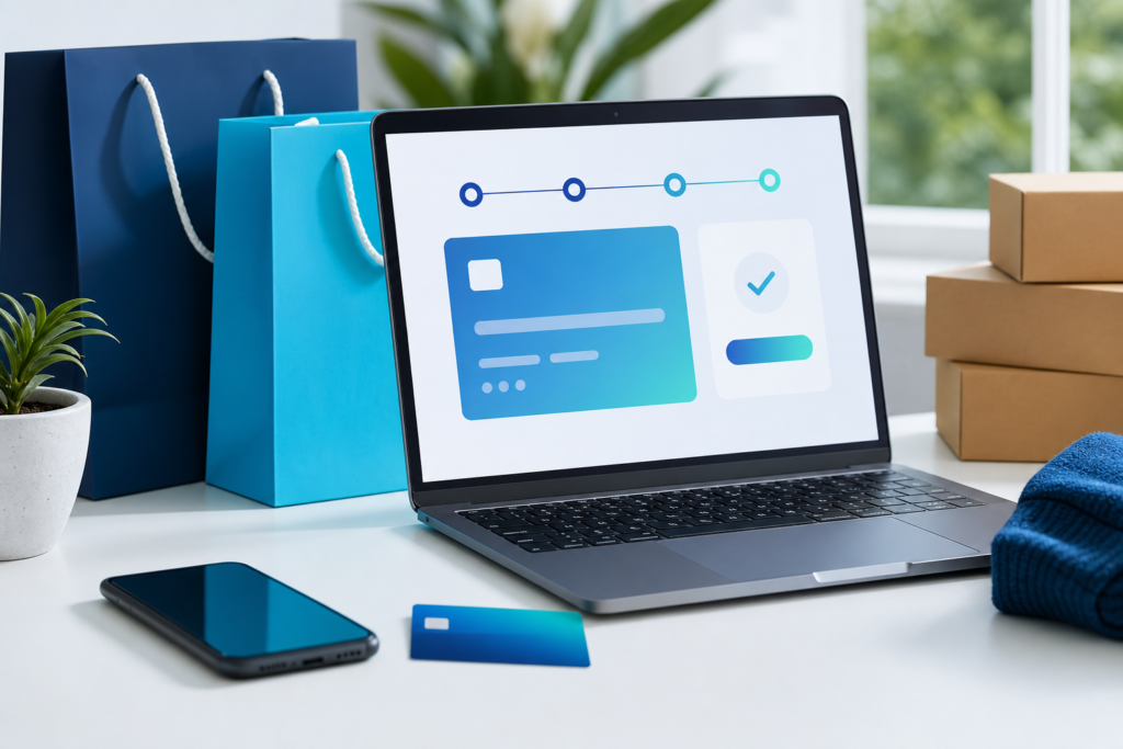 Professional editorial image of an online retail checkout workspace with a laptop, smartphone, and payment card