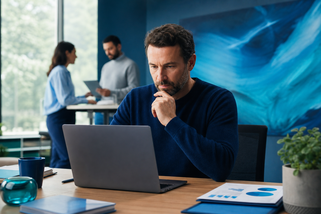 Business professional reviewing an online store checkout flow on a laptop