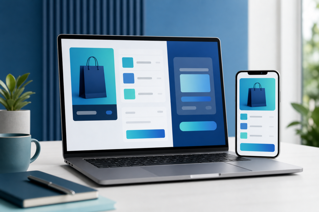 Editorial concept of e-commerce checkout optimization on laptop and mobile device