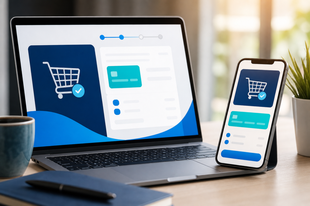 Professional editorial concept of an e-commerce checkout experience on laptop and mobile