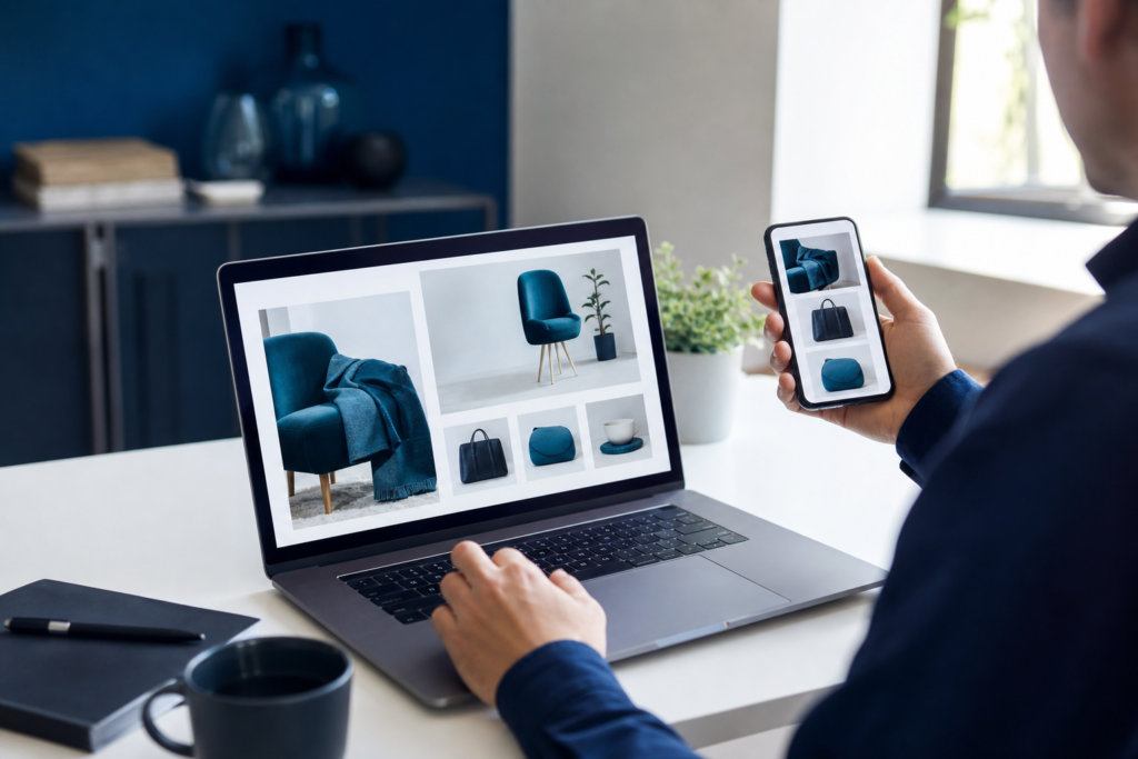 Professional editorial image of an online retailer reviewing an e-commerce checkout experience on laptop and smartphone
