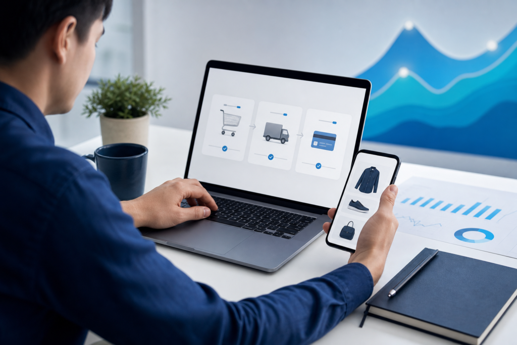 Online retailer reviewing e-commerce checkout optimization on laptop and smartphone