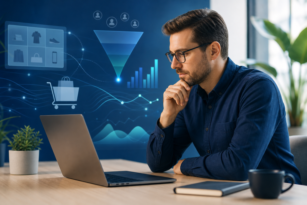Online retail strategist reviewing e-commerce checkout analytics in a modern workspace