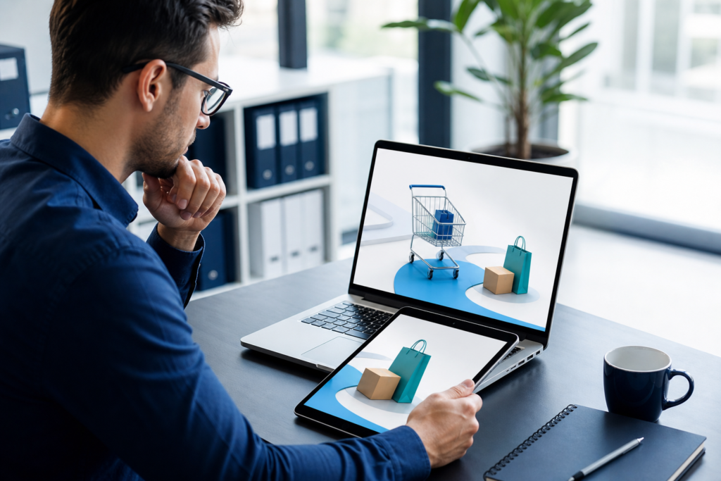 Online retailer evaluating an e-commerce checkout optimization solution in a modern workspace