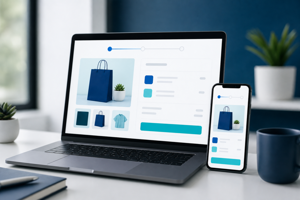 Professional editorial image of an e-commerce checkout flow on laptop and smartphone