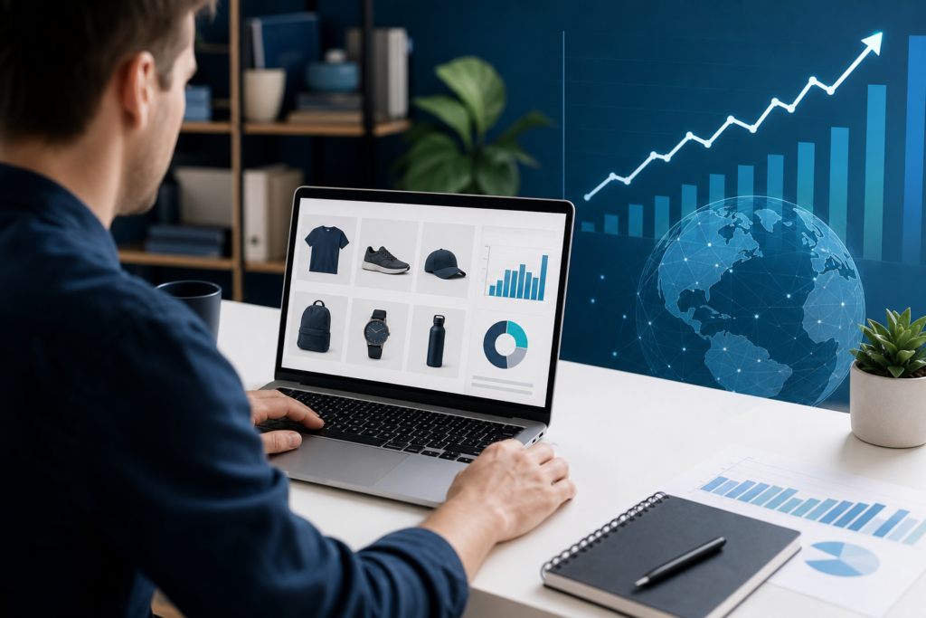 Professional editorial scene of an online retailer planning ecommerce SEO strategy
