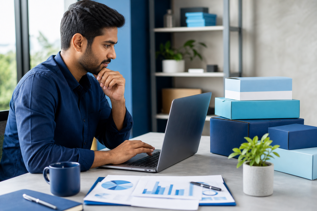 Professional workspace scene showing e-commerce SEO planning for a growing brand