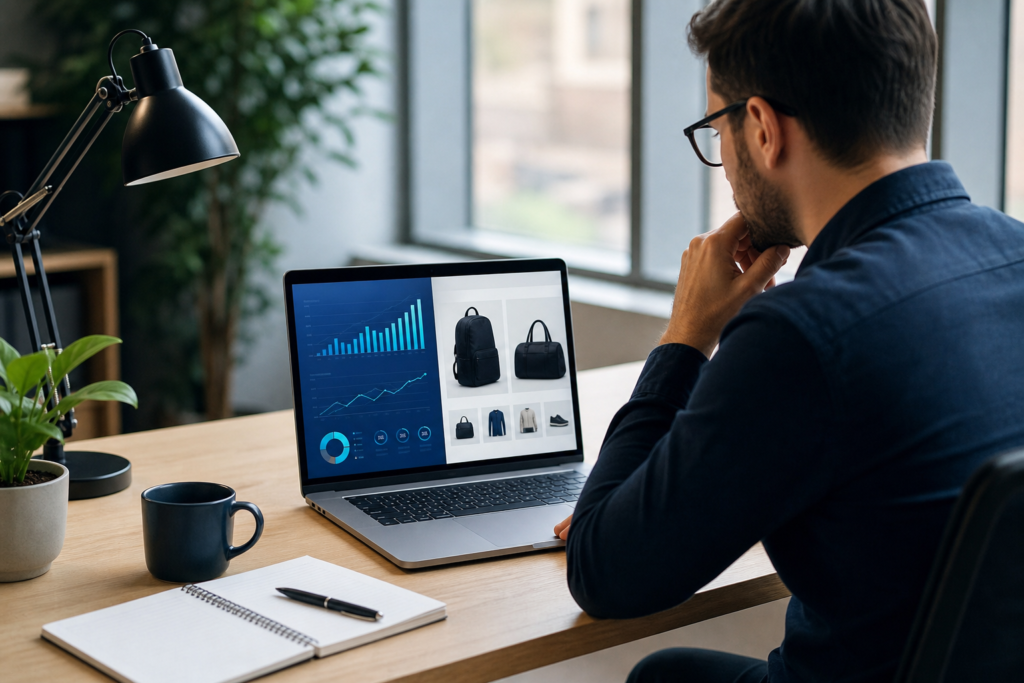 Online retailer reviewing e-commerce SEO strategy with analytics and product pages