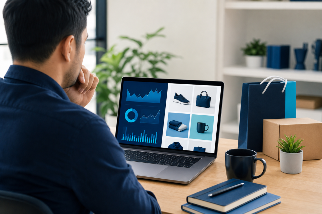 Online retailer reviewing e-commerce SEO strategy on a laptop in a modern workspace