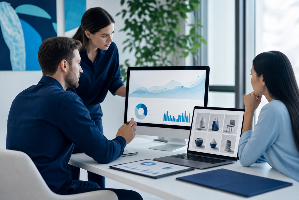 Editorial scene of a team reviewing e-commerce SEO strategy on a laptop