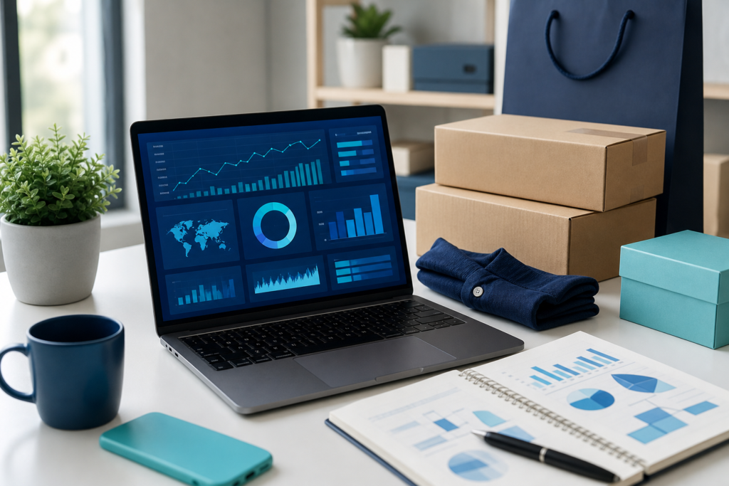 Professional editorial image of an e-commerce marketing workspace with analytics and product packaging