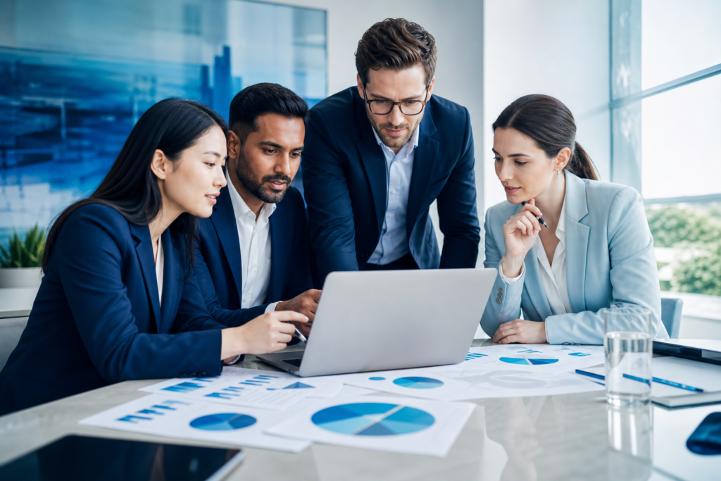 Team reviewing an e-commerce SEO strategy in a modern office