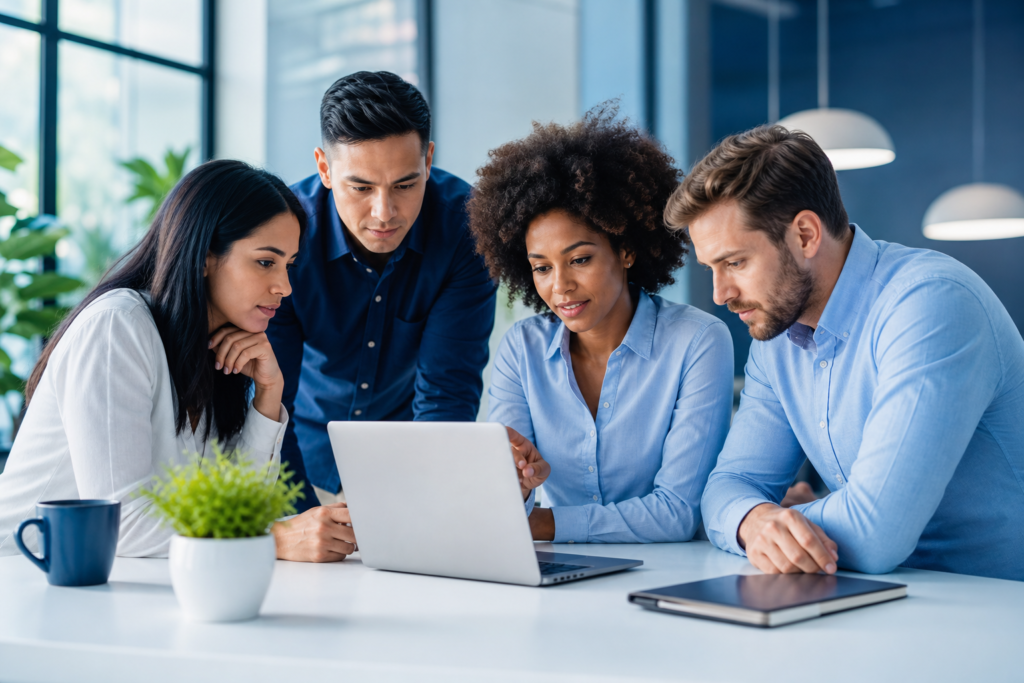 Team reviewing e-commerce SEO strategy on a laptop in a modern workspace