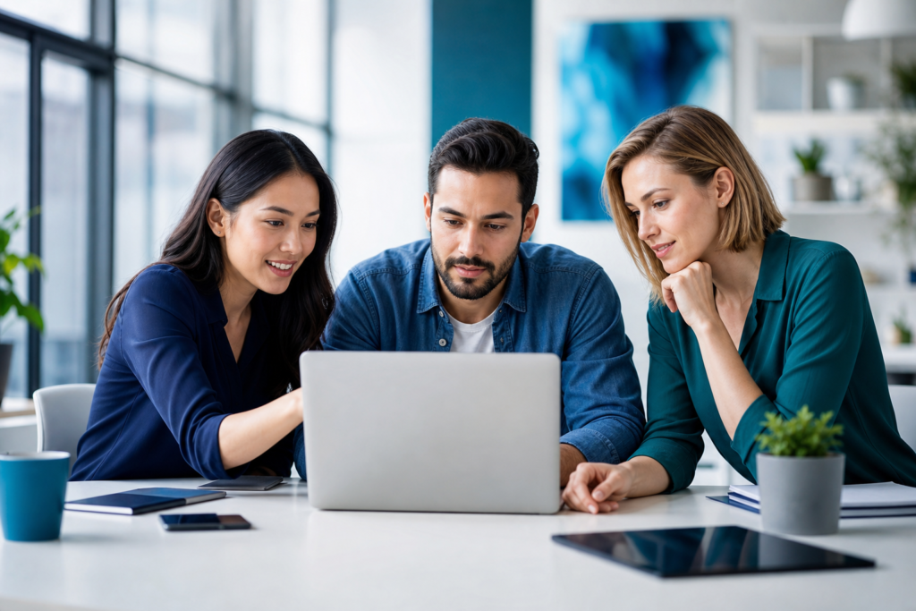 Online retail team reviewing e-commerce SEO strategy on a laptop