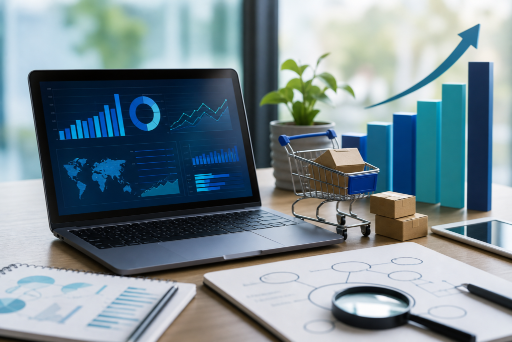Editorial image of an e-commerce SEO strategy workspace for growing brands
