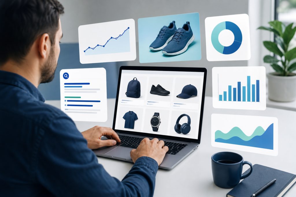Online retailer planning e-commerce SEO strategy on a laptop in a modern workspace