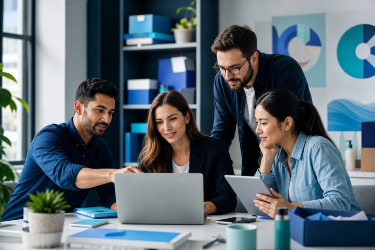 Business owner reviewing e-commerce website development plans with a professional team in a modern office