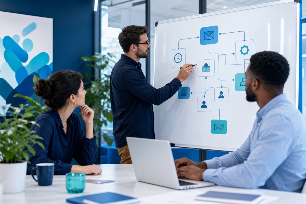 Business team planning email marketing automation workflows in a modern office