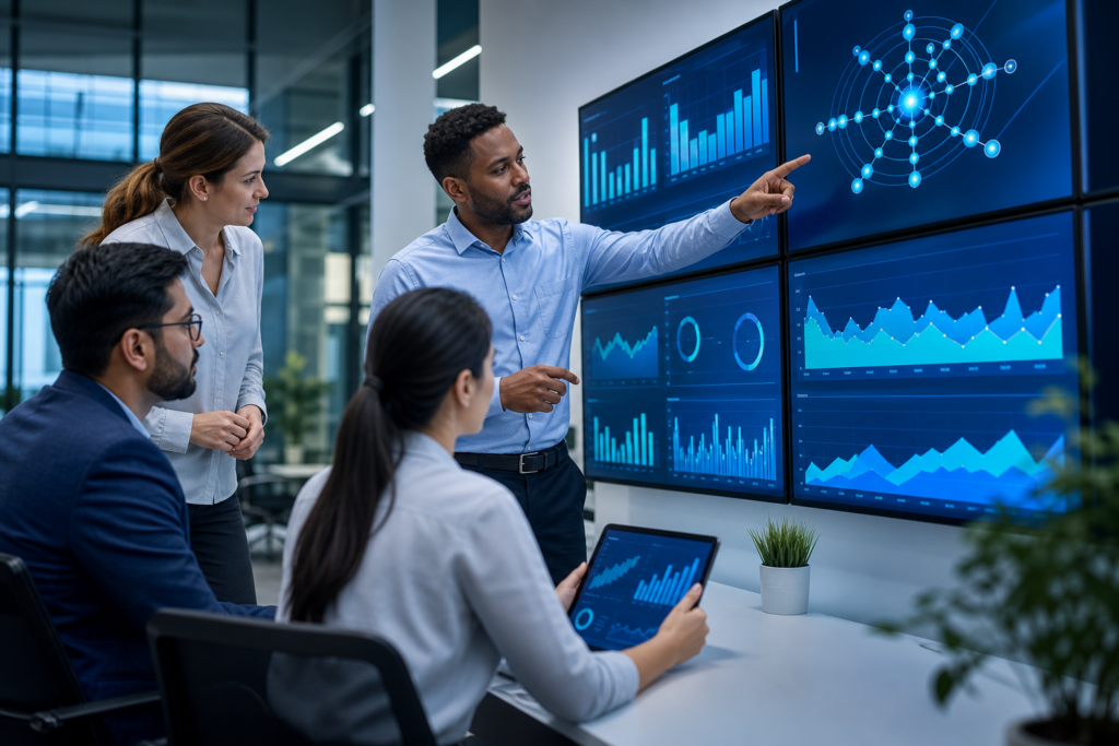 Business team reviewing ERP and CRM integration dashboards in a modern office