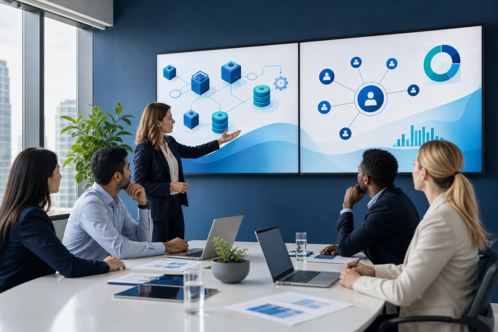 Business team reviewing ERP and CRM systems in a modern office