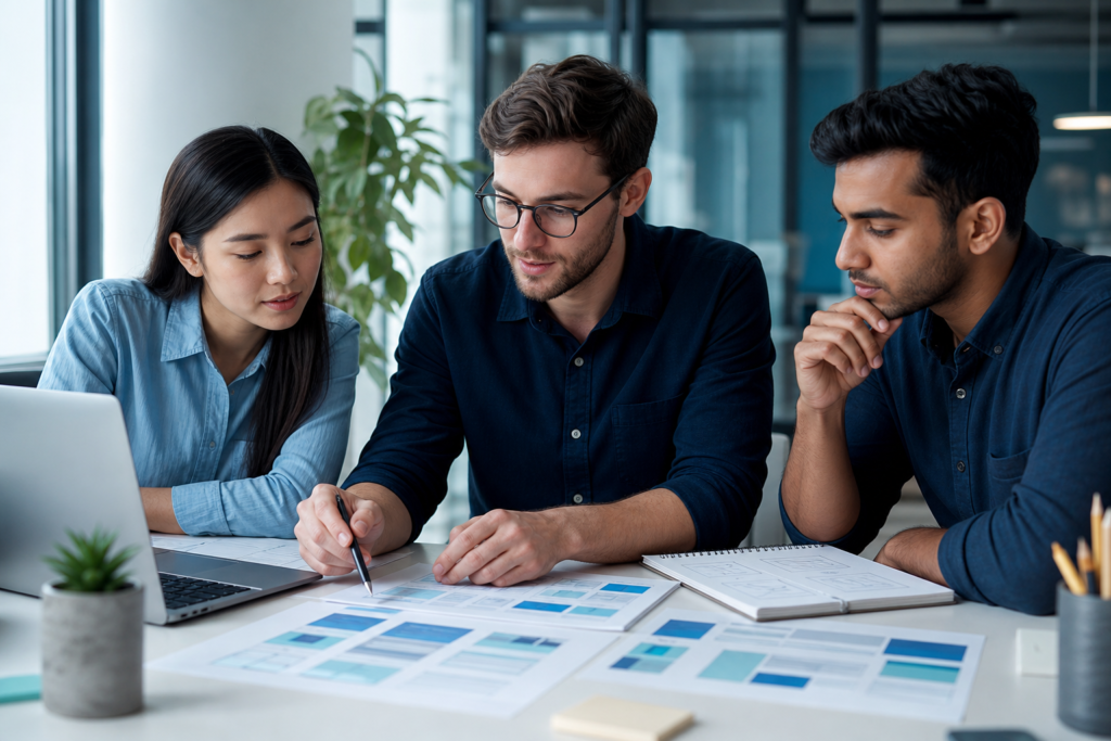 Startup team reviewing frontend development checklist materials in a modern office