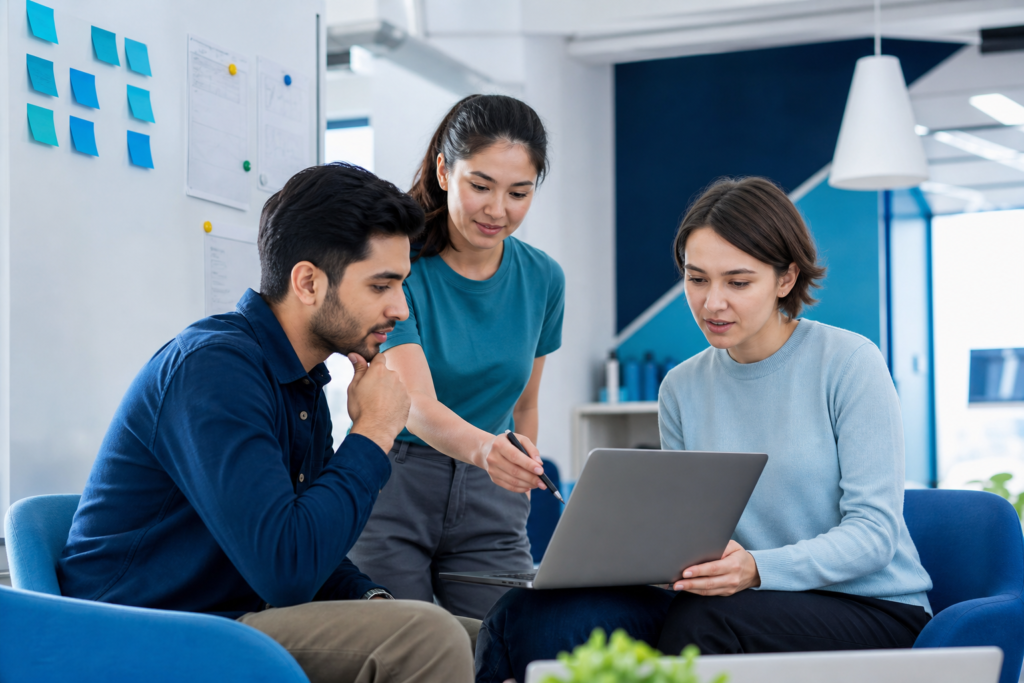 Startup team planning frontend development strategy in a modern workspace